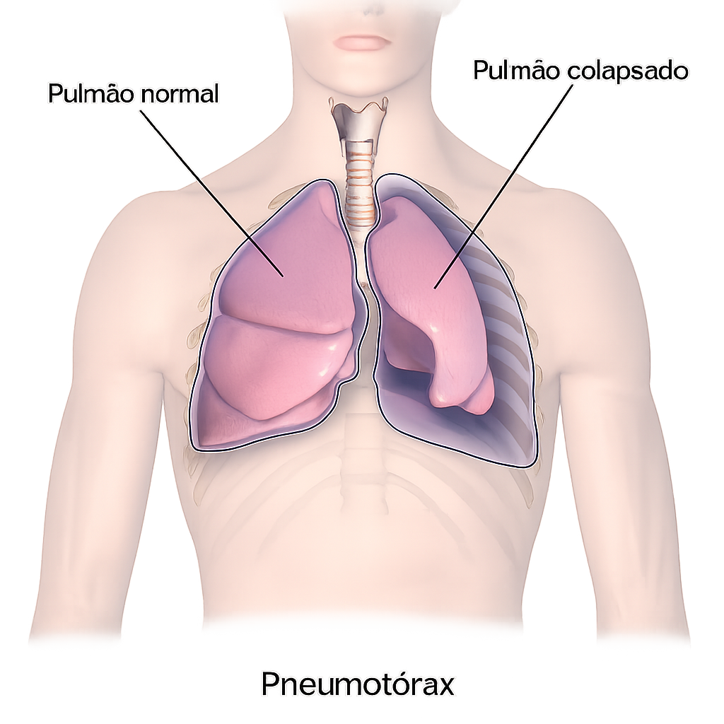 Ilustração médica: pulmão normal à esquerda e pulmão colapsado por pneumotórax à direita